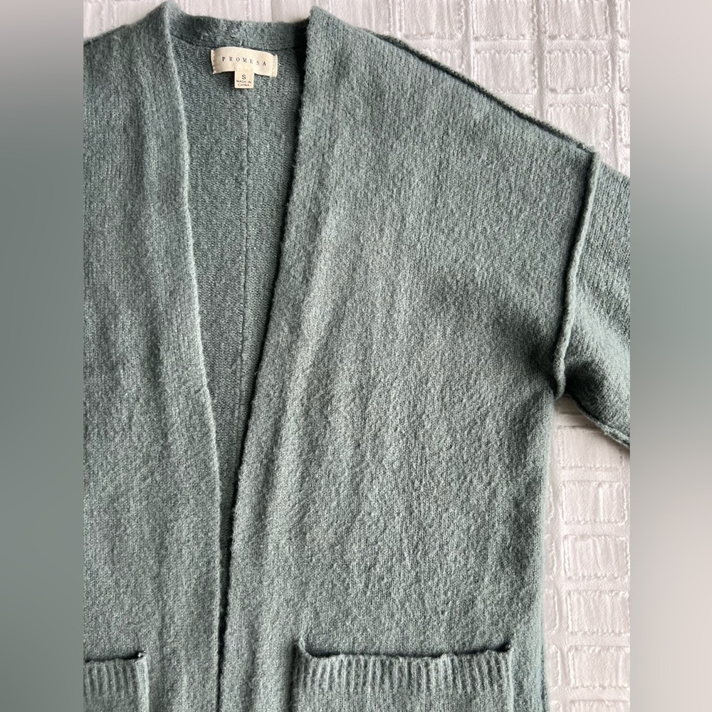 Promesa Open Knit Cardigan Sweater Reverse Hem Sage Green Pockets Woman’s S — image 5 of 8